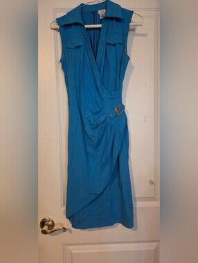 Cache Teal-Blue Sleeveless Wrap Midi Dress with Buckle Detail